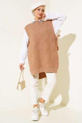 Baklava Desenli Bağlamalı Triko Süveter Büsküvi - Thumbnail