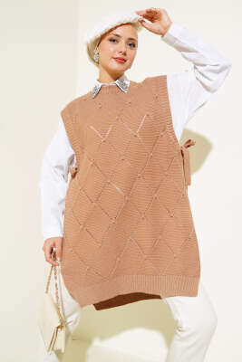 Baklava Desenli Bağlamalı Triko Süveter Büsküvi - Thumbnail