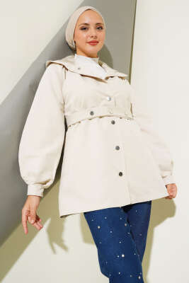 	 Kapşonlu Çıt Çıt Kısa Trenç Taş - Thumbnail