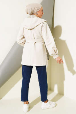 	 Kapşonlu Çıt Çıt Kısa Trenç Taş - Thumbnail