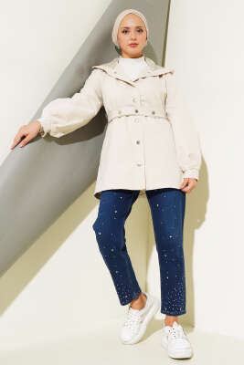 	 Kapşonlu Çıt Çıt Kısa Trenç Taş - Thumbnail