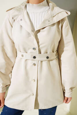 	 Kapşonlu Çıt Çıt Kısa Trenç Taş - Thumbnail