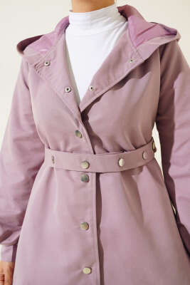 	 Kapşonlu Çıt Çıt Kısa Trenç Lila - Thumbnail