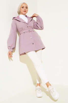 	 Kapşonlu Çıt Çıt Kısa Trenç Lila - Thumbnail