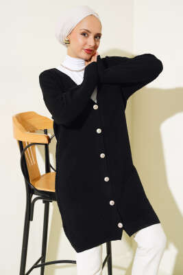 Önü Düğmeli Yatay Fitilli Triko Hırka Siyah - Thumbnail