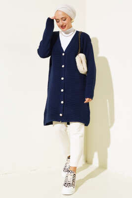 Önü Düğmeli Yatay Fitilli Triko Hırka Lacivert - Thumbnail