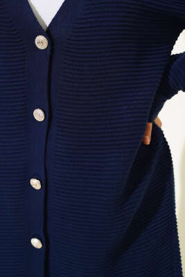 Önü Düğmeli Yatay Fitilli Triko Hırka Lacivert - Thumbnail