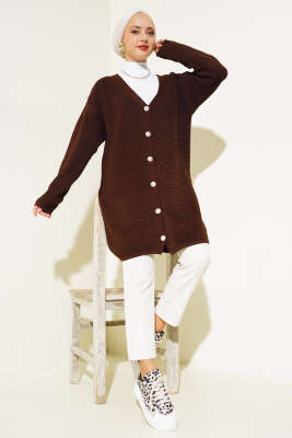 Önü Düğmeli Yatay Fitilli Triko Hırka Kahve - Thumbnail