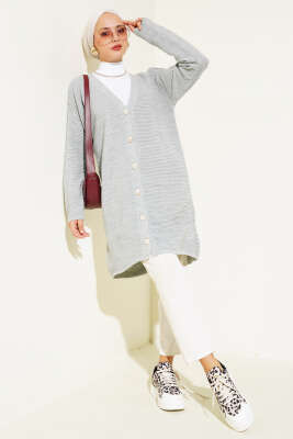 Önü Düğmeli Yatay Fitilli Triko Hırka Gri - Thumbnail