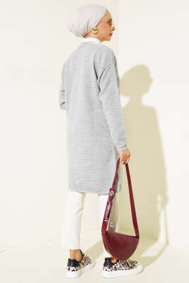 Önü Düğmeli Yatay Fitilli Triko Hırka Gri - Thumbnail