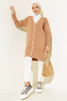 Önü Düğmeli Yatay Fitilli Triko Hırka Büsküvi - Thumbnail