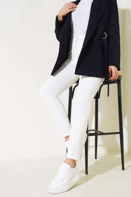 Kumaş Dar Paça Pantolon Ekru - Thumbnail