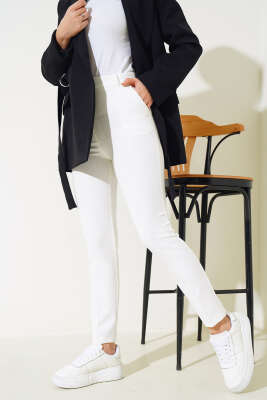 Kumaş Dar Paça Pantolon Ekru - Thumbnail