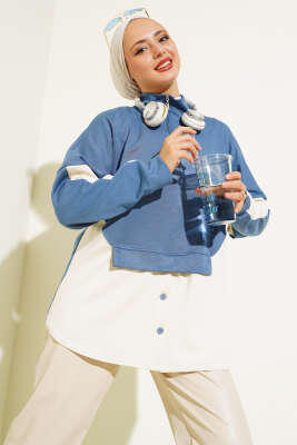 Pazarium - Yaka Fermuarlı Düğme Detay Tunik İndigo