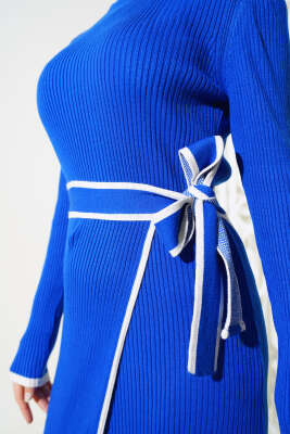 Eteği Bağlamalı Triko Elbise Saks - Thumbnail