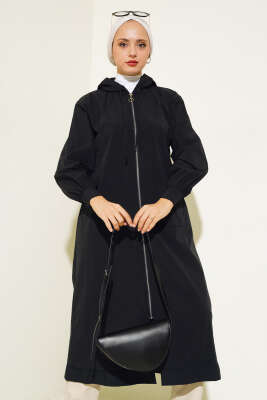 Tek Cepli Fermuarlı Uzun Kap Siyah - Thumbnail