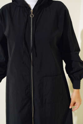 Tek Cepli Fermuarlı Uzun Kap Siyah - Thumbnail