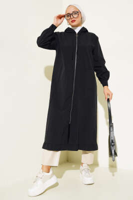 Tek Cepli Fermuarlı Uzun Kap Siyah - Thumbnail