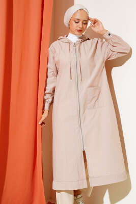 Tek Cepli Fermuarlı Uzun Kap Latte - Thumbnail