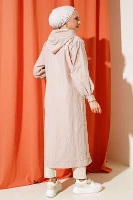 Tek Cepli Fermuarlı Uzun Kap Latte - Thumbnail