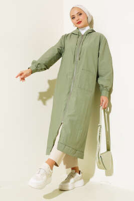 Tek Cepli Fermuarlı Uzun Kap Haki - Thumbnail