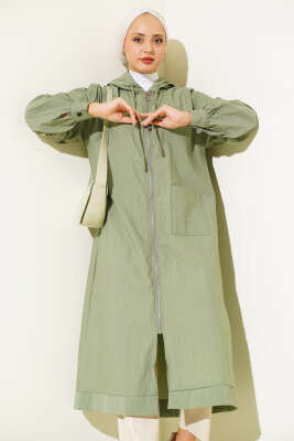 Tek Cepli Fermuarlı Uzun Kap Haki - Thumbnail