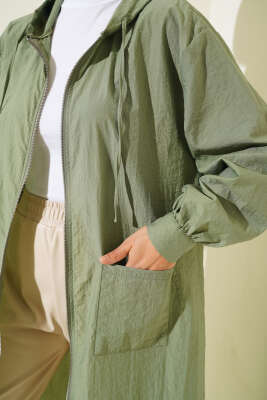 Tek Cepli Fermuarlı Uzun Kap Haki - Thumbnail