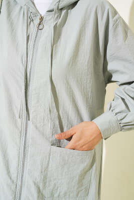 Tek Cepli Fermuarlı Uzun Kap Gri - Thumbnail