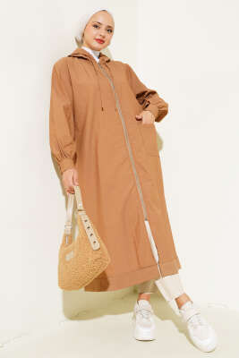 Tek Cepli Fermuarlı Uzun Kap Camel - Thumbnail