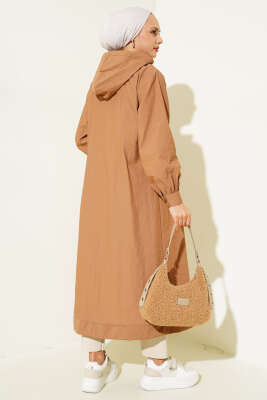Tek Cepli Fermuarlı Uzun Kap Camel - Thumbnail