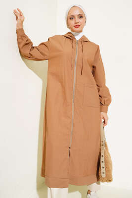 Tek Cepli Fermuarlı Uzun Kap Camel - Thumbnail