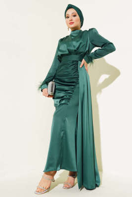 Pazarium - Piliseli Tüylü Manşet Elbise Zümrüt