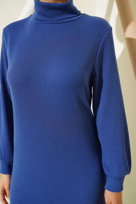 Fitilli Balıkçı Yaka Elbise Mavi - Thumbnail