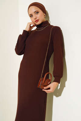 Fitilli Balıkçı Yaka Elbise Kahve - Thumbnail