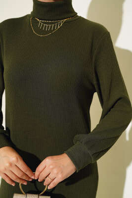 Fitilli Balıkçı Yaka Elbise Haki - Thumbnail