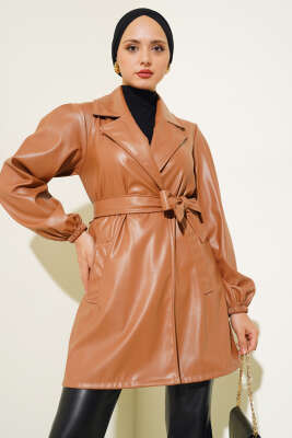 Pazarium - Kruvaze Yaka Kuşaklı Deri Ceket Taba