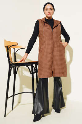 Kapüşonlu Kapitone Yelek Taba - Thumbnail