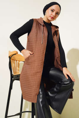 Pazarium - Kapüşonlu Kapitone Yelek Taba