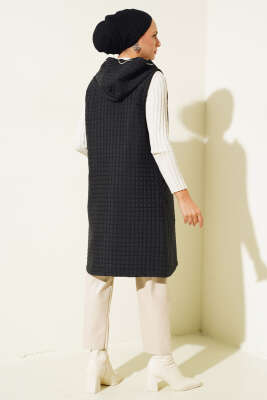 Kapüşonlu Kapitone Yelek Siyah - Thumbnail