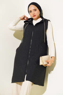 Kapüşonlu Kapitone Yelek Siyah - Thumbnail