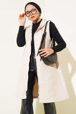 Kapüşonlu Kapitone Yelek Bej - Thumbnail