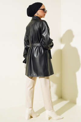 Kruvaze Yaka Kuşaklı Deri Ceket Siyah - Thumbnail