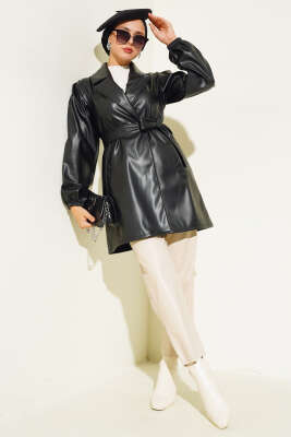 Kruvaze Yaka Kuşaklı Deri Ceket Siyah - Thumbnail