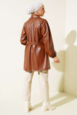 Kruvaze Yaka Kuşaklı Deri Ceket Kahve - Thumbnail
