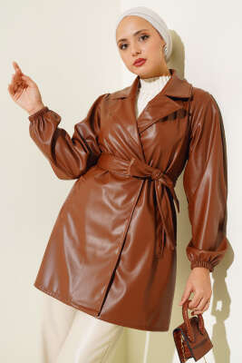 Kruvaze Yaka Kuşaklı Deri Ceket Kahve - Thumbnail