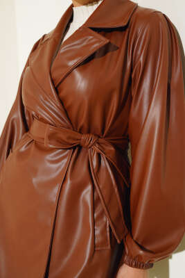 Kruvaze Yaka Kuşaklı Deri Ceket Kahve - Thumbnail