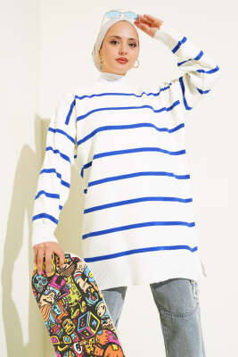 Çizgili Pike Salaş Triko Tunik Saks - Thumbnail