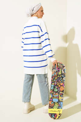 Çizgili Pike Salaş Triko Tunik Saks - Thumbnail