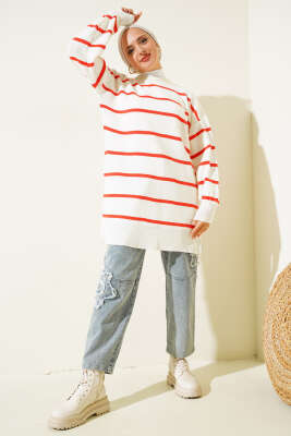 Çizgili Pike Salaş Triko Tunik Oranj - Thumbnail