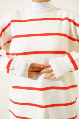 Çizgili Pike Salaş Triko Tunik Oranj - Thumbnail